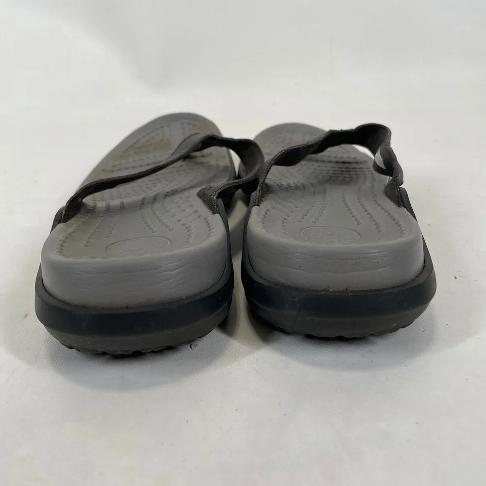 Crocs Yukon Mens Flip Flops Black Grey Leather Strap Sandals Size 9